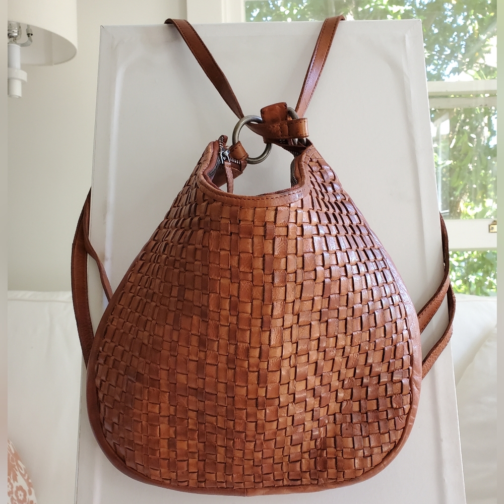 Vilenca Beautiful Brown Woven Leather Small Backpack Purse Vintage Style
